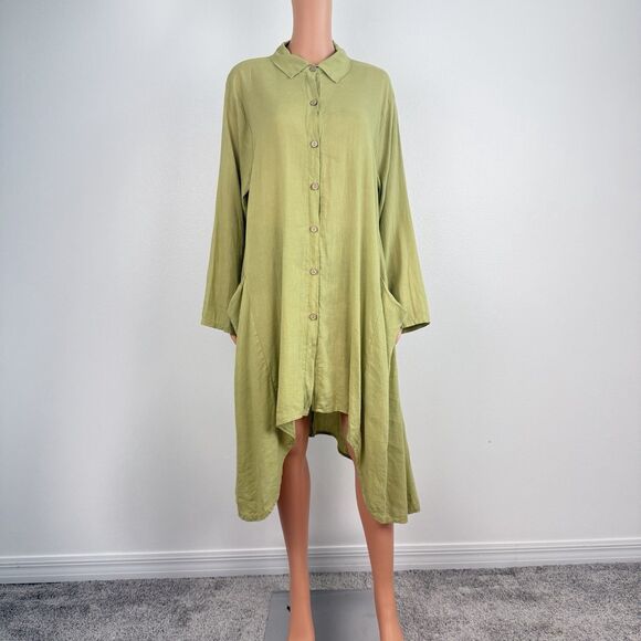 Saga Dresses & Skirts - SAGA Green Linen Shirt Dress Pockets OS Lagenlook Long Sleeve Italy Made